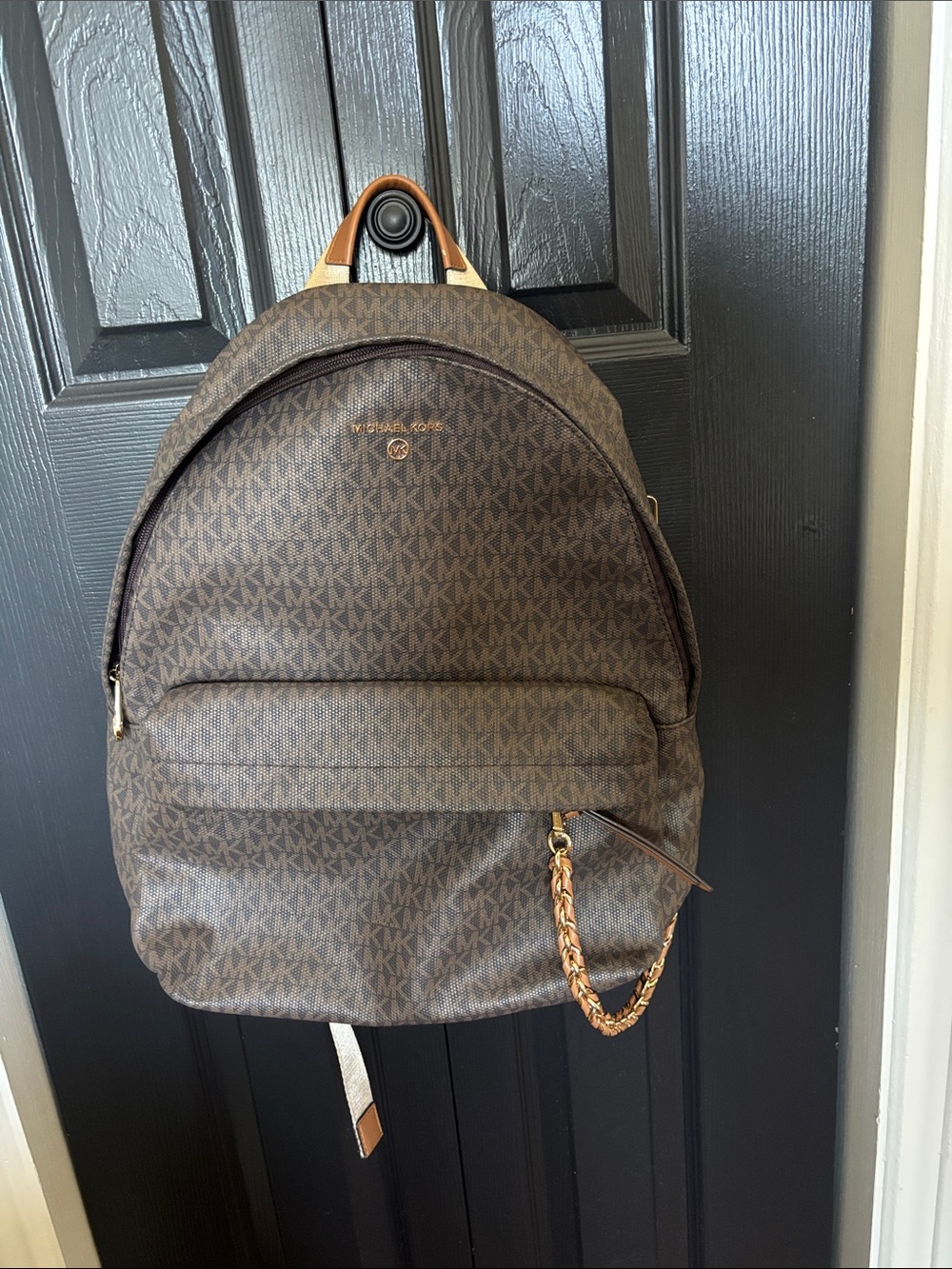 Michael Kors Brown Monogram Canvas Backpack with Gold Accents